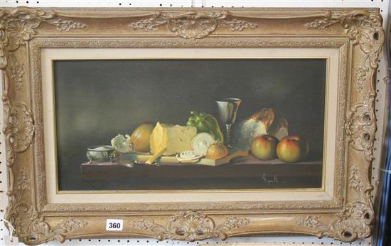 Mary Dipnall, oil on canvas, still life with cheese, bread, fruit & wine, signed